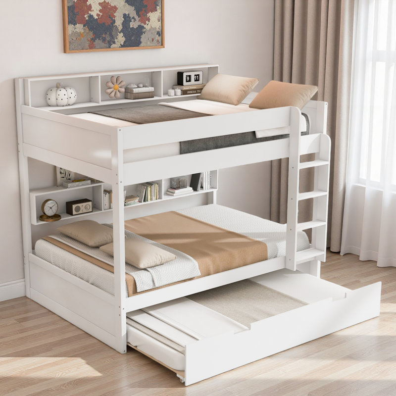 Lit superposé avec lit gigogne et rangement intégré, Simple sur simple, Blanc