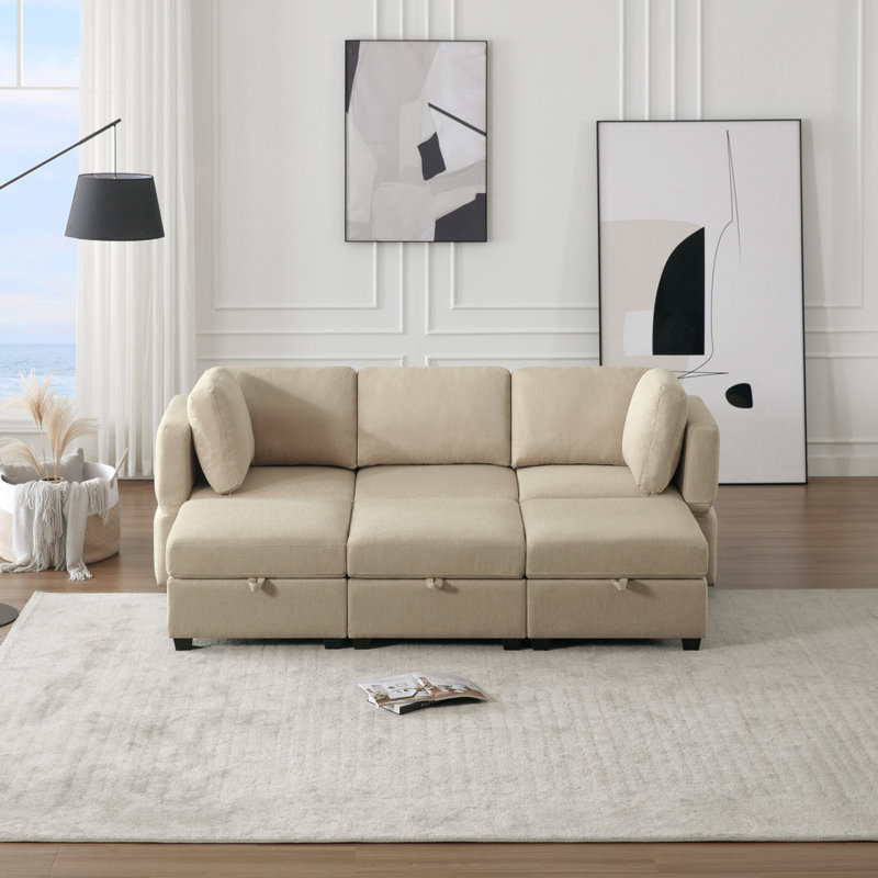 Ensemble de canapé rembourré 3 places et 3 repose-pieds Kyson, Polyester beige