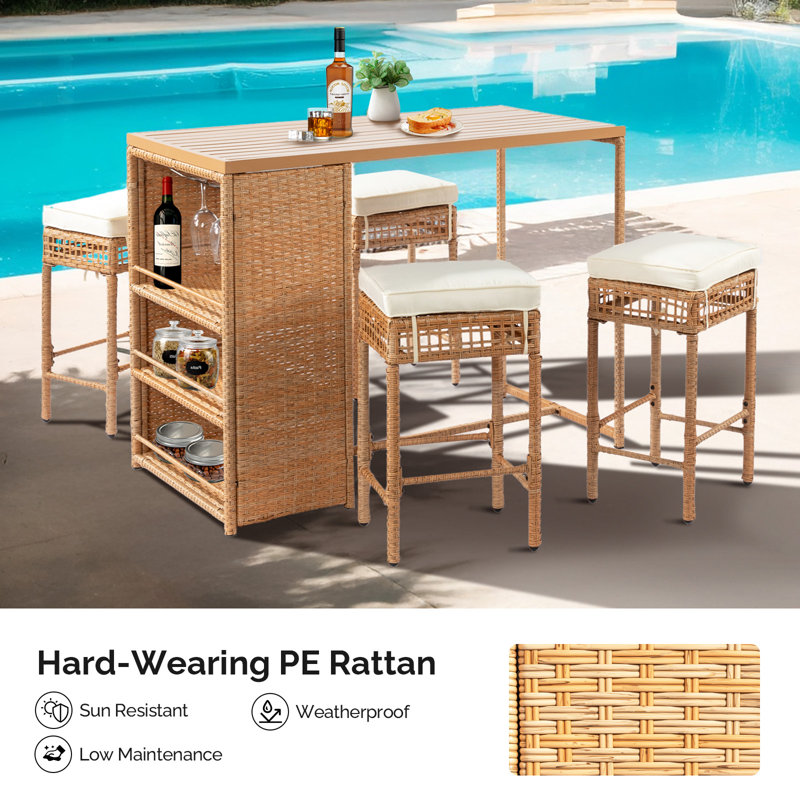 Patio 5-Piece Yellow Wicker Serving Bar Set With Beige Cushions