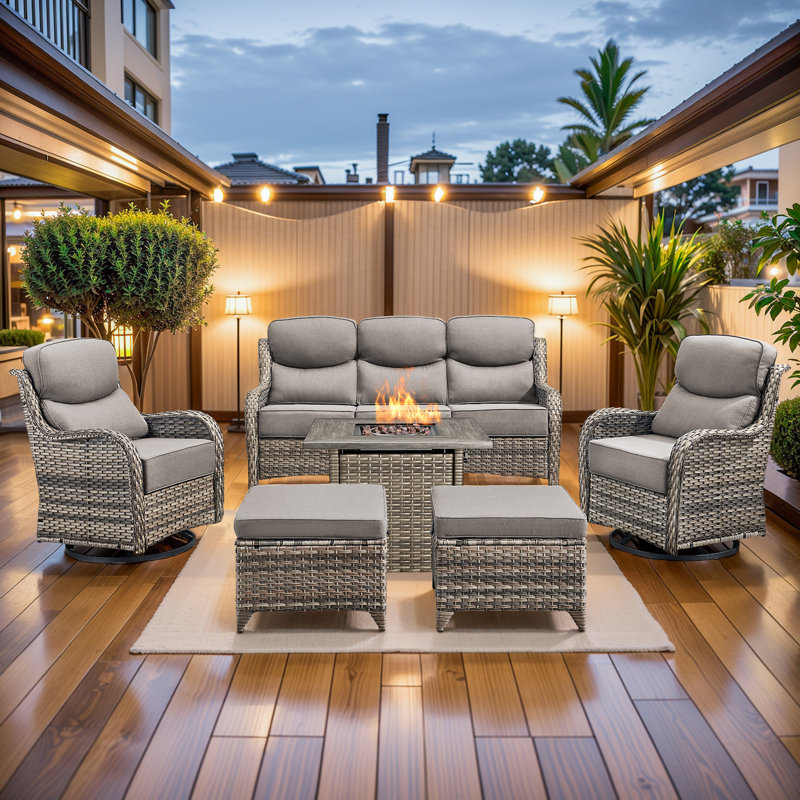 High Back Outdoor Furniture With 6-Inch Extra Thick Cushions, Patio Furniture Set With Fire Pit Table & Swivel Chairs, 6 PCS Wicker Conversation Set For Yard, Deck, Poolside