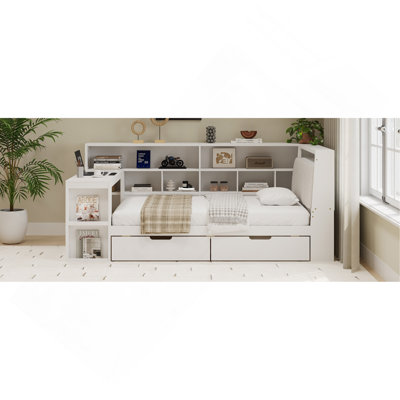 Twin Size L-Shaped Wooden Daybed With Desk And Storage Bookcase, Corner Bed With Upholstered Headboard And Under-Bed Drawers And LED Light For For Bedroom Living Room