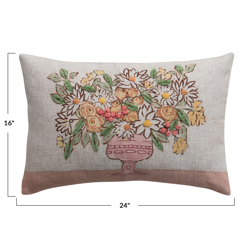 Coussin lombaire brodé en lin avec fleurs et pompons