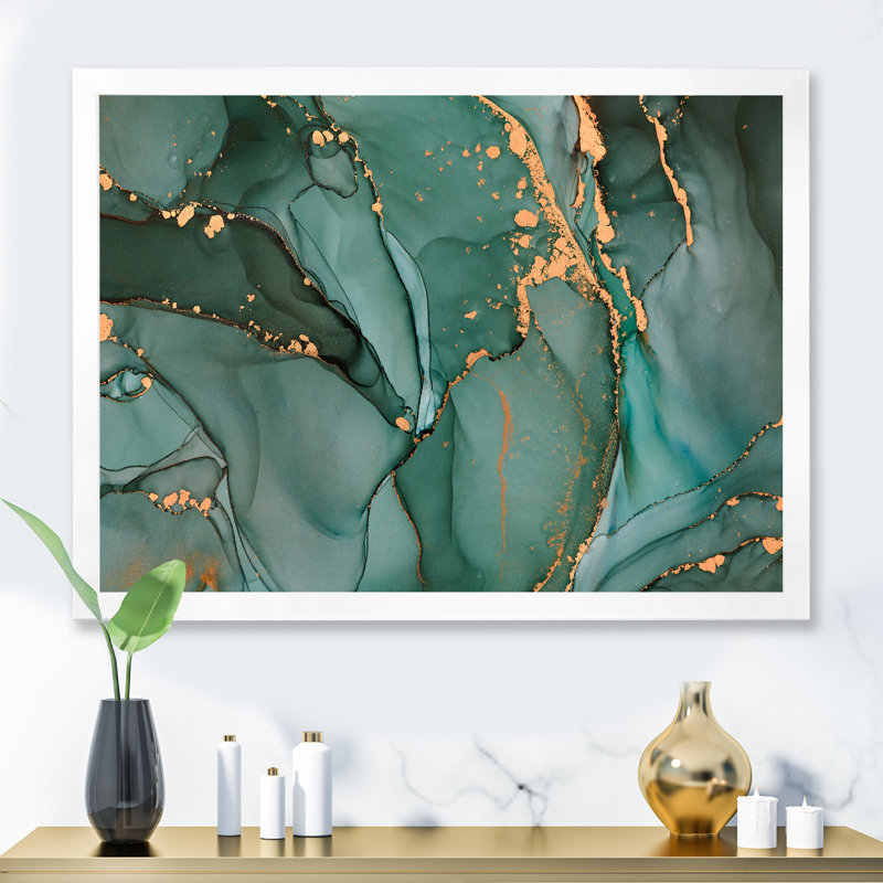 Turquoise et gris luxueux abstrait fluide IV - peinture sur toile, H 30 po x l 40 po x P 1,5 po, Cadre photo blanc