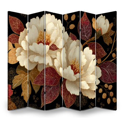 Cloison pliante à 6 panneaux avec pivoines Royal Opulent or blanc et motif floral romantique