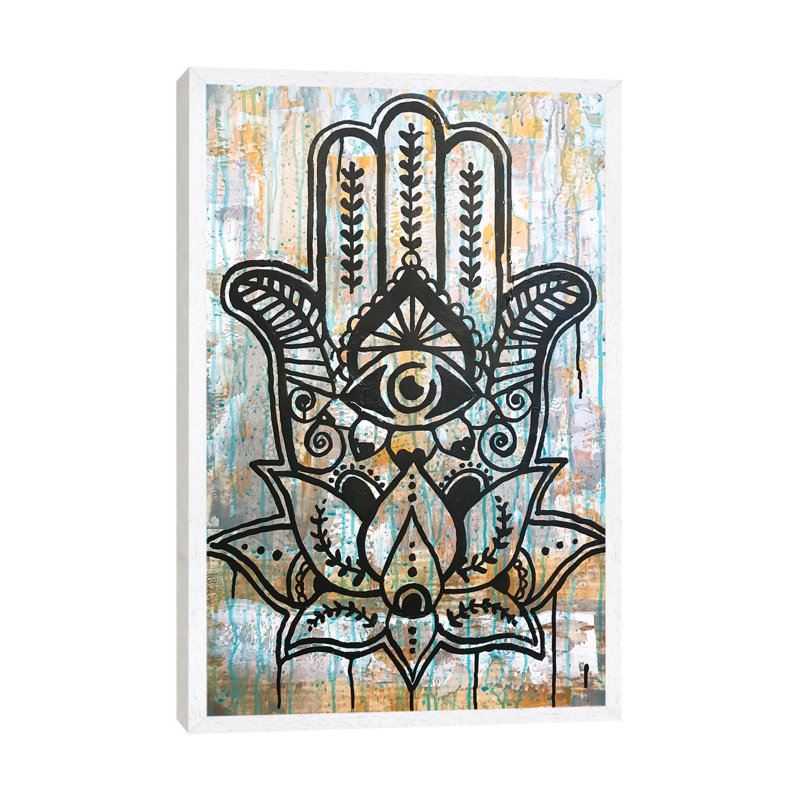 Hamsa Lotus - Print on Canvas, 66.04 cm H x 45.72 cm W, White Framed