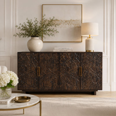 Suzi 4 Door Sideboard Buffet Cabinet, Antique Brass Handles, Handcarved Floral Motifs, Brown Mango Wood, 60 Inch
