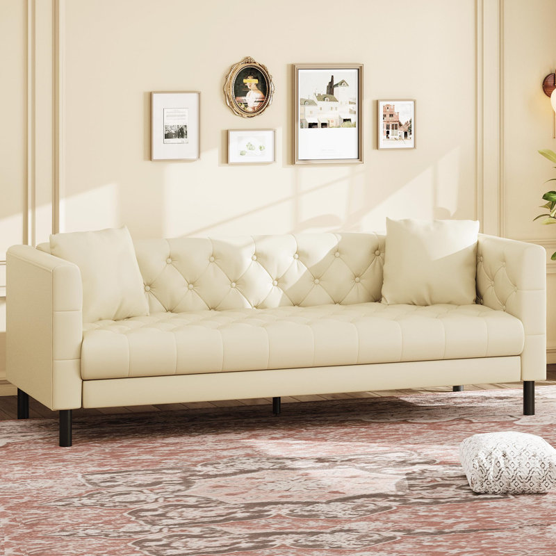 Canapé de 81 po en cuir, canapé Chesterfield à assise profonde capitonné à 3 boutons fait à la main, Beige