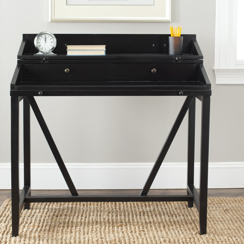 Bureau en bois massif avec rehausse Brileigh, Noir