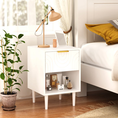 22.83'' H Modern White Nightstand With One Drawer And Open Shelf, Gold - Accented Handle, Ideal For Bedroom Decor