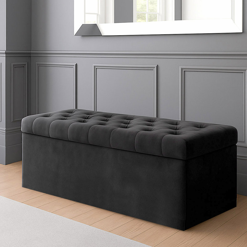 SD Plush Velvet Chesterfield Upholstered Ottoman Storage Box, 43cm H x 180cm W x 40cm D, Black