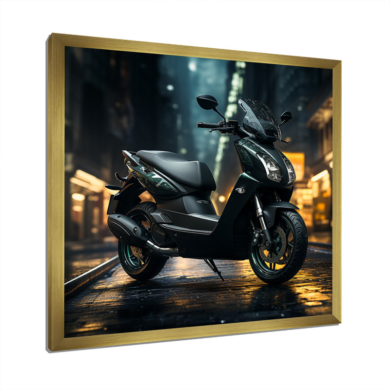 «Night Streets And Scooters II», reproduction sur toile, Cadre doré simple, H 24 po x l 24 po x P 1 po