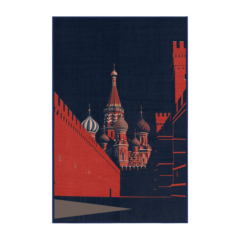 Machine Washable Pandelica Moscow Kremlin Classic Block Print Rug in Gray – Navy Binding, 7x10