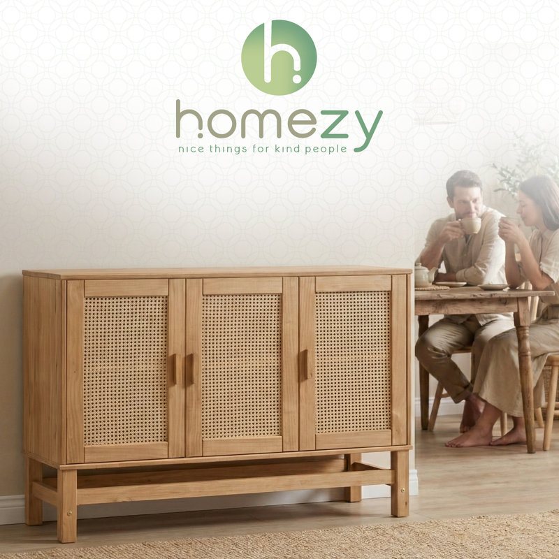 3-Door Natural Wood Sideboard with Woven Rattan Doors