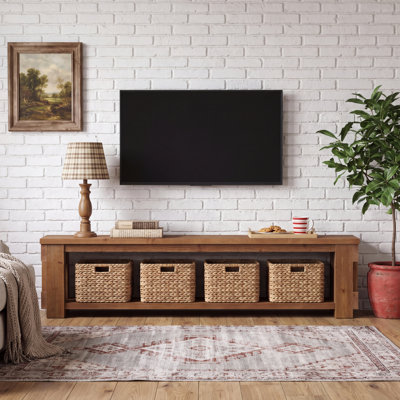 Meuble télé en bois massif de 70,8 pouces (180 cm) pour téléviseurs jusqu'à 75 pouces (190 cm), console télé de style campagnard avec tablette ouverte pour salons et chambres à coucher.