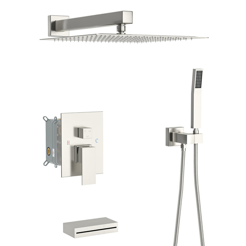 12 Inch Wall Mounted Shower System In Brushed Nickel With Waterfall Tub Spout. 3 Functions: Rain Head, Handheld. Valve For Comfort. Easy Installation And Cleaning. Comes Arm, Handheld, Spout, 59"