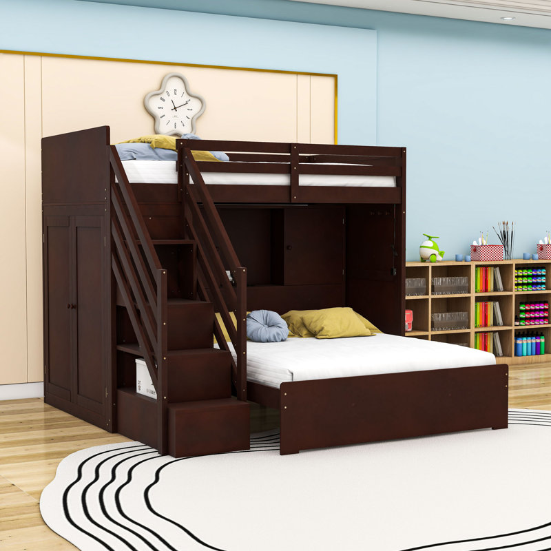 Twin over Full Wooden Loft Bed with Wardrobe, Built-In Shelving, Espresso