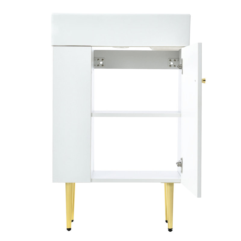 Meuble-lavabo de 21,6 po, blanc, avec poignée et pieds dorés, grand rangement, porte à fermeture en douceur dans la structure, porte riche, installation simple