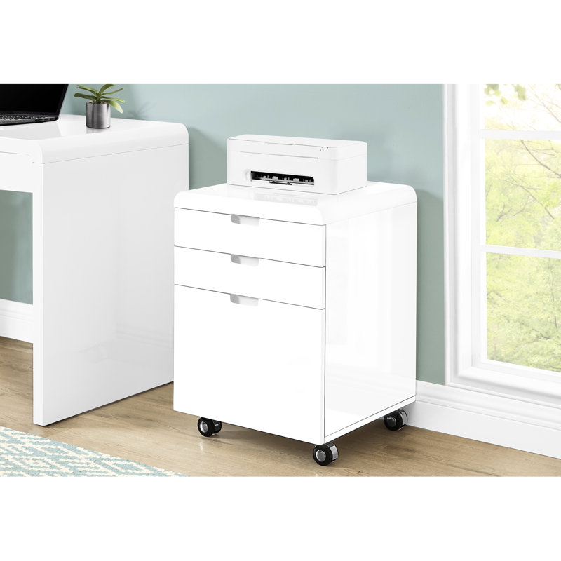 Classeur à roulettes avec traitement de surface blanc brillant, tiroirs de rangement de bureau, support d'imprimante moderne fonctionnant en douceur et aspect stratifié