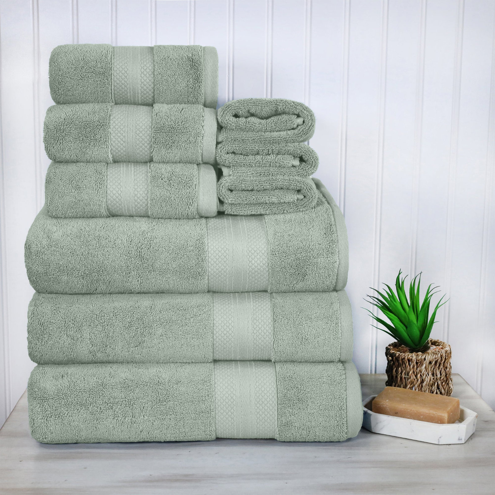 Finnian Turkish Cotton Bath Towel, Olive Green, 9 Piece Towel Set