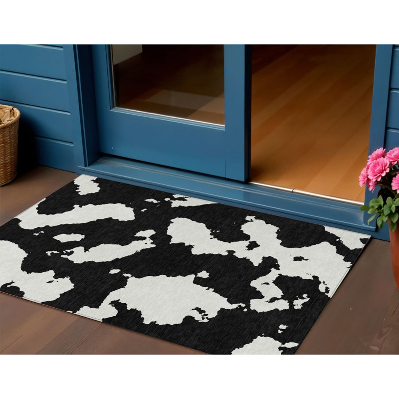 Tapis extérieur lavable abstrait noir et ivoire 3 pi x 5 pi