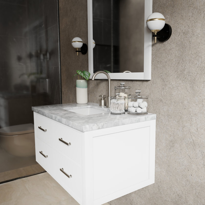 Meuble-lavabo simple l 36 po x P 22 po Castor, Blanc, Marbre de Carrare blanc