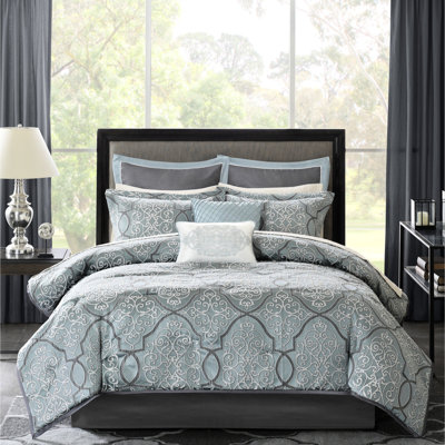 Luxury 12 Piece Bedding For King - Blue Comforter With Cotton Sheets , Decorative Pillows, Bed Skirt , Wrinkle- In Sheets, Comforter, Shams, Elegant Design, Breathable Fabric