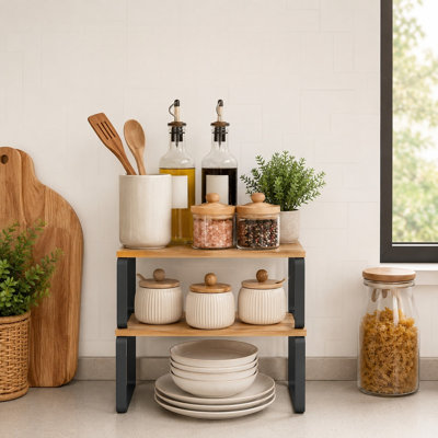 Extendable Countertop Spice Rack (2-Piece Set), Stackable Metal, Suitable For Cabinets, Sinks, And Bathrooms. Yellow.