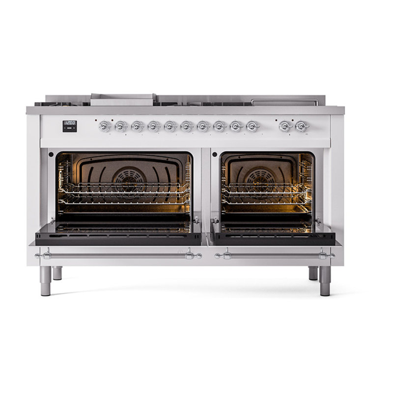 ILVE Nostalgie II Noblesse 60 inch Dual Fuel Range   (7 Sealed Burners + Griddle + French Top, , Solid Door, RAL), Chrome