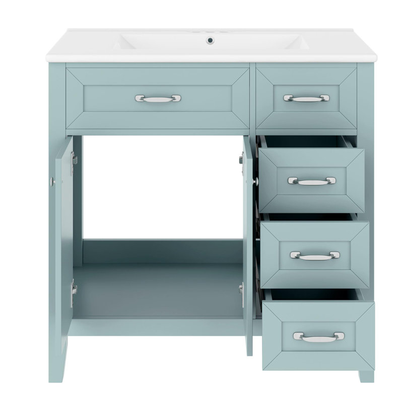 Meuble-lavabo 36 po avec lavabo en céramique et armoires à glace, Vert / Argent