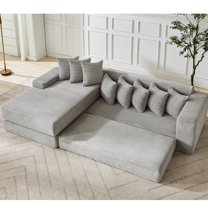 Nouveau lit convertible surdimensionné en L à 3 places en velours côtelé, gris, 31 pièces, sans assemblage, avec pochette de rangement pour les soirées tranquilles