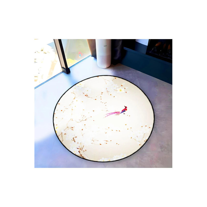 Decorative Carpet With White Flowers And Colorful Bird Details On Beige Woven Base, Round 3'4"