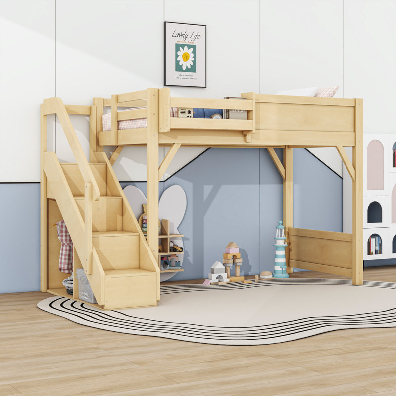 Lit mezzanine avec penderie et tablettes intégrées, Naturel, Lit simple