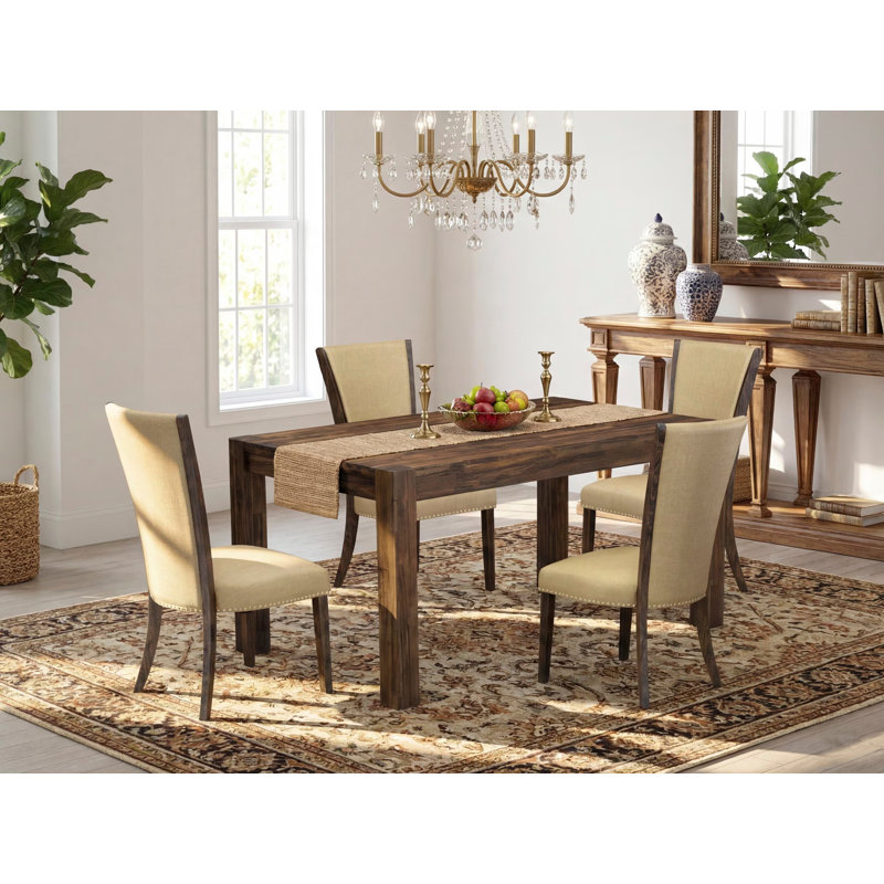 5 Piece Dining Room Furniture Set Includes a Rectangle Rustic Wood Dining Table and 4 Brown Linen Fabric Upholstered Chairs, 36x60 Inch, Jacobean