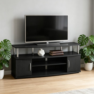 Grand meuble de divertissement pour téléviseur de 55 po ou moins, panneau supérieur surélevé avec armoires latérales et tablettes ouvertes, fabrication en bois composite robuste et en acier inoxydable, finition américaine / chrome
