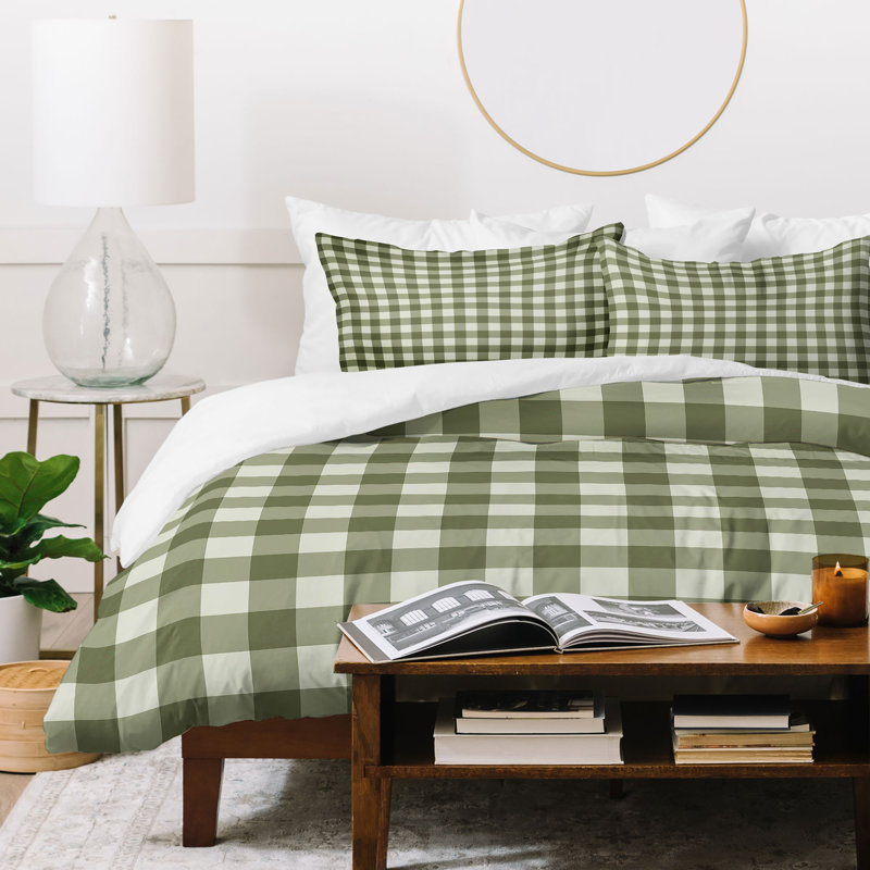Ensemble de housse de couette Color Poems Gingham Moss, Vert, Housse de couette simple + 1 taie décorative