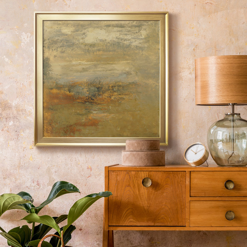 " Encaustic Tile In Orange I ", 34.5" H x 34.5" W x 1.5" D, Gold Framed Canvas, No Mat
