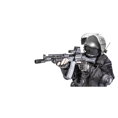 Posterazzi " Russian Special Forces Operator In Black Uniform And Bulletproof Helmet. "