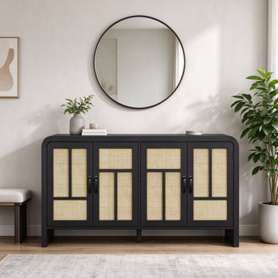 Buffet/meuble de rangement bohème en rotin noir de 150 cm de long avec 4 portes