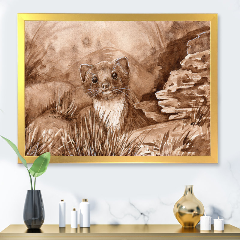 Wild Weasel in the Forest - Peinture sur toile, H 30 po x l 40 po, Encadrement doré