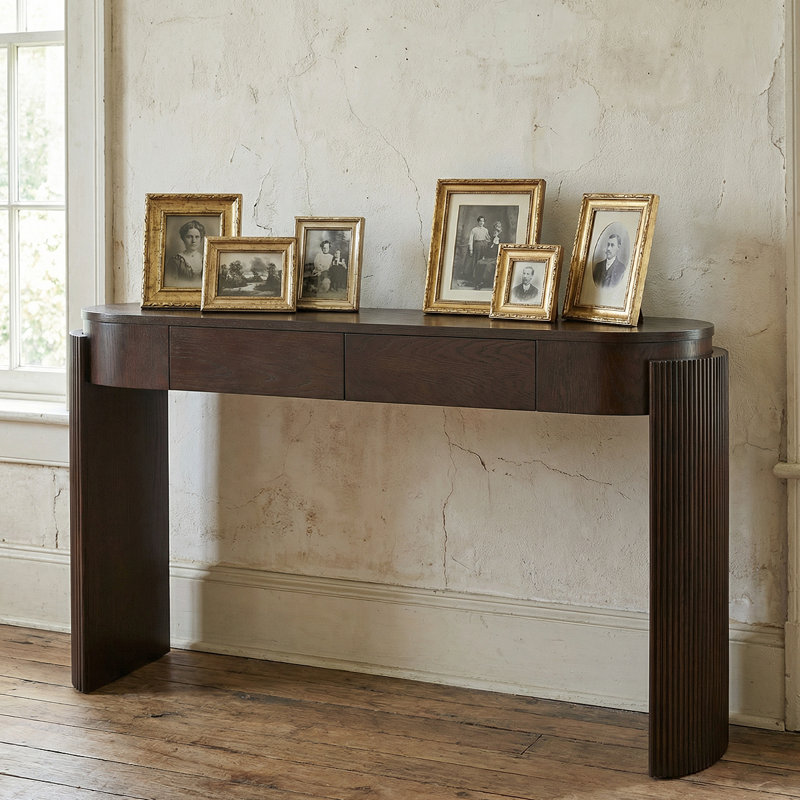 Elegant Oval Console Table With Fluted Details & Storage Drawers For Entryway, Espresso Wood