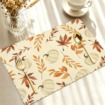 Autumn Placemats Set of 4 - Heat-Resistant Table Mats, for Indoor & Outdoor Dining,Orange White Gingham Pumpkins