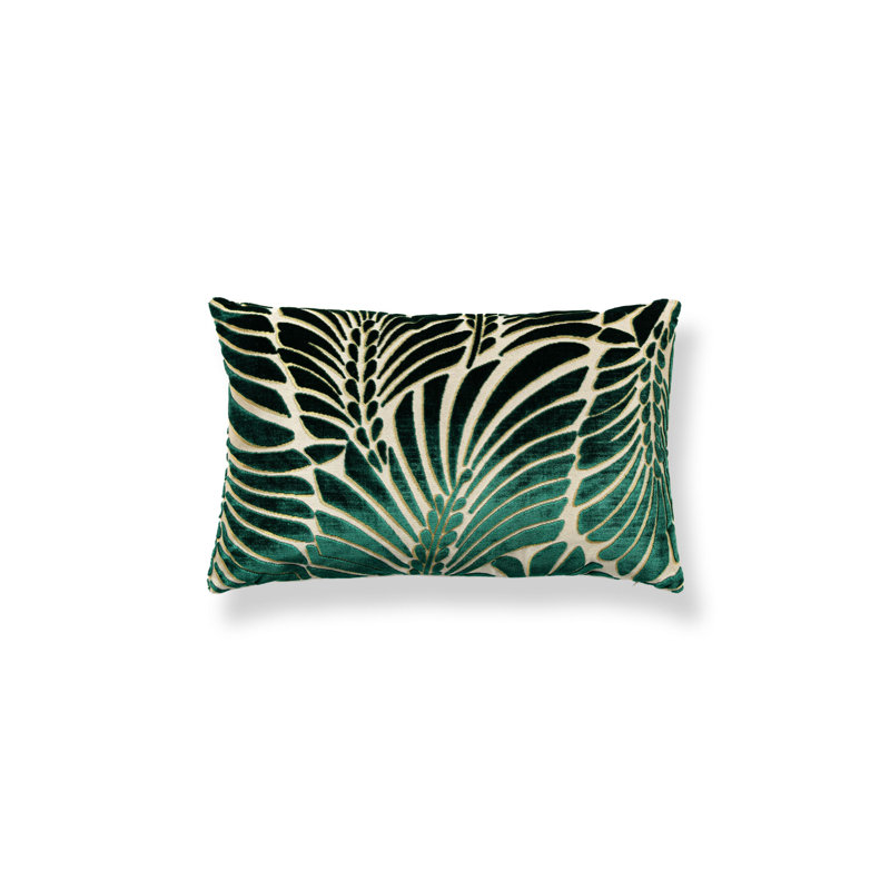 PLUMES / VELVET PILLOW, Viridian/Beige, 14" H x 22" W, Rectangular