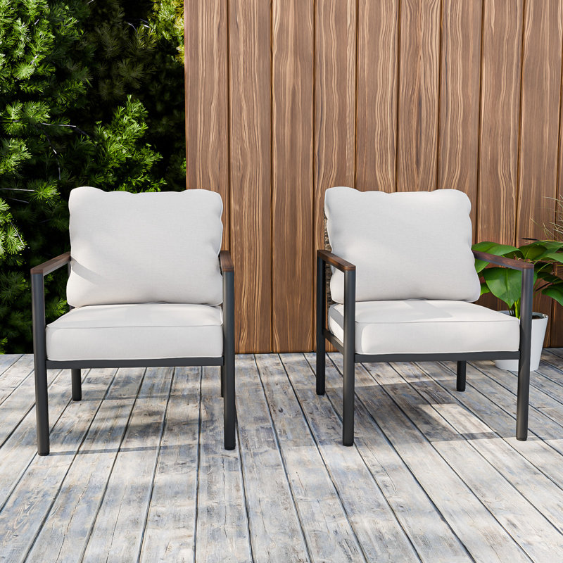 Outdoor Patio Metal Frame Wicker Backrest Wood Grain Armrest Dining Chair with Cushions (Set of 2), Beige
