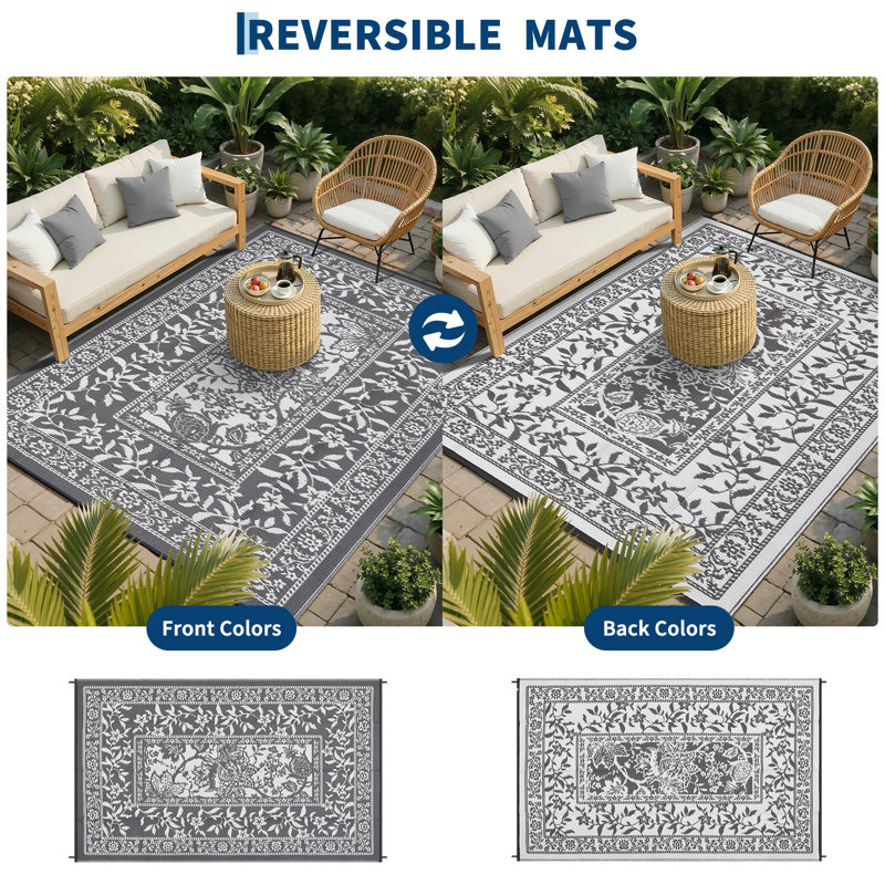 Reversible Outdoor Area Rug, Waterproof, Easy Clean, UV Resistant Patio Mat, Washable Garden Carpet for Beach, Porch, Backyard