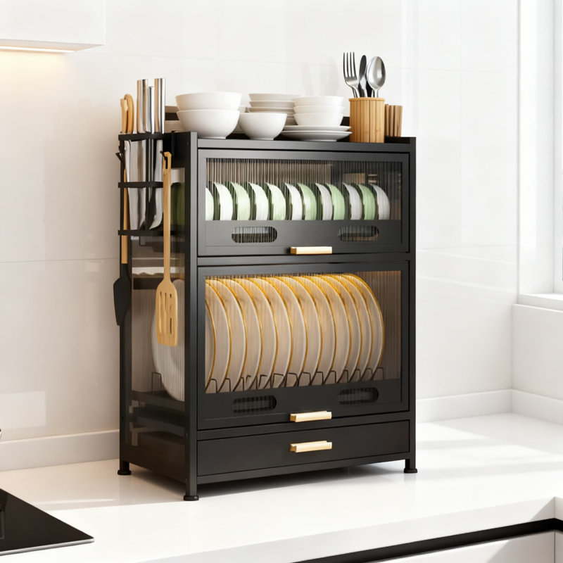 Armoire de rangement de comptoir à 4 niveaux avec tiroirs coulissants, organisateur de vaisselle anti-poussière pour ustensiles, assiettes, bols et épices