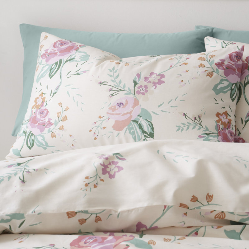 ROSE GARDEN Cotton Blend Floral Duvet Cover Set with Pillowcases Included, Cream, Double Duvet Cover + 2 Standard Pillowcases