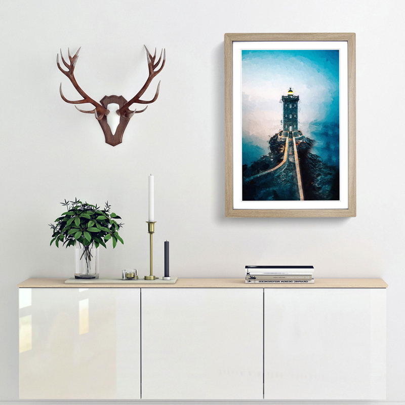 Lighthouse in Le Conquet France in Abstract - Picture Frame Graphic Art Print, Oak Framed, 87cm H x 62cm W x 2cm D