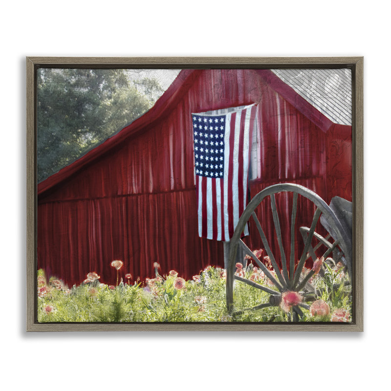 Red Barn with American Flag, 17" H x 21" W, Montalcino Elm Floater Frame