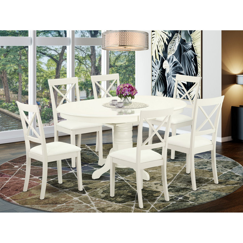 Ensemble de table de salle à manger 7 pièces composé d'une table de salle à manger ovale avec rallonge papillon et de 6 chaises de salle à manger en similicuir, blanc lin