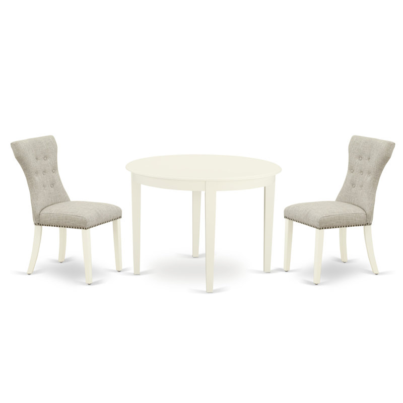 3 Piece Dining Table Set for Small Spaces Contains a Round Kitchen Table and 2 Doeskin Linen Fabric Parson Dining Chairs, Linen White